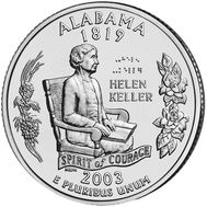  25 центов 2003 «Алабама» (штаты США) случайный монетный двор, фото 1 
