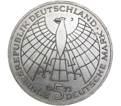  Серебряная монета 5 марок 1973 «500 лет со дня рождения Николая Коперника» Германия XF-AU, фото 2 