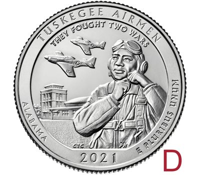  Монета 25 центов 2021 «Пилоты из Таскиги» (56-й нац. парк США) D, фото 1 