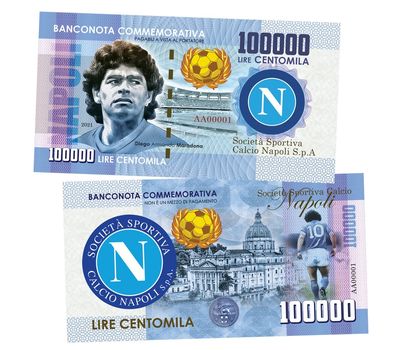  Сувенирная банкнота 100 000 лир «Диего Марадона», фото 1 