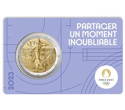  Монета 2 евро 2023 «Олимпийские игры 2024 года в Париже» Франция (фиолетовая коинкарта), фото 1 